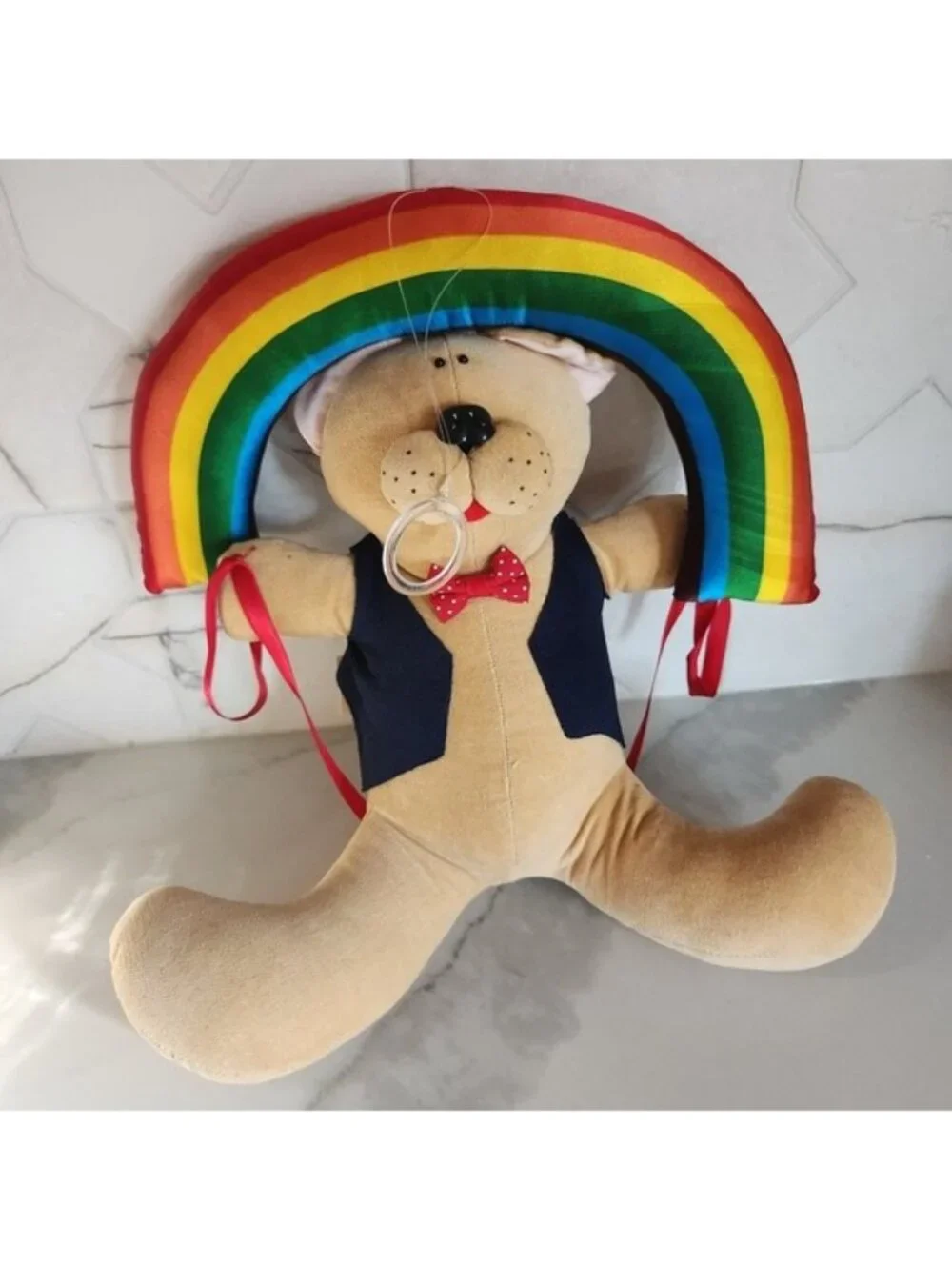 Vintage 1980 Dakin‎ Anne Klocko Rainbow Paragliding Teddy Bear Plush Hanging Toy